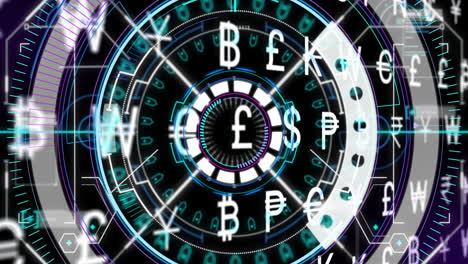 Animation-of-currency-symbols-over-scope-scanning-on-black-background