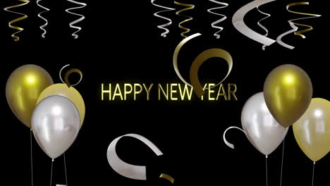 Animation-of-gold-and-silver-balloons-with-happy-new-year-text-on-black-background