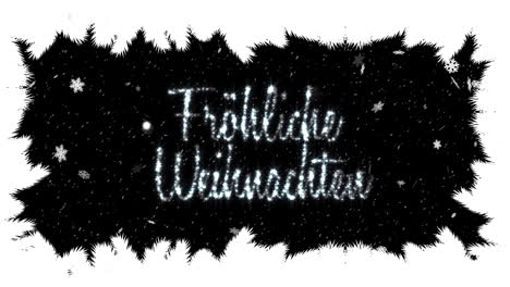 Animation-of-frohliche-weihnachten-text-and-snow-falling-over-fir-tree-branches