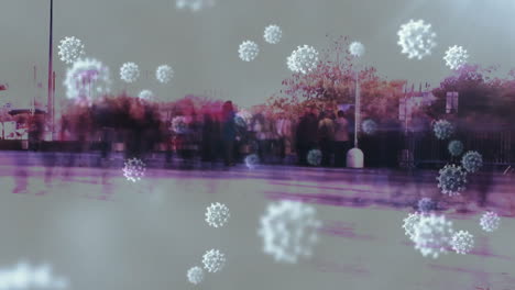 Animation-of-white-viruses-over-fast-motion-people-walking-in-city-street