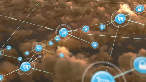 Animation-of-icons-connected-with-lines-over-aerial-view-of-dense-clouds
