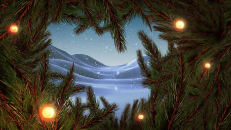 Animation-of-snow-falling-over-snow-falling-over-fir-tree-branches