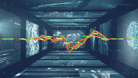 Animation-Der-Datenverarbeitung-über-Bildschirmen-Mit-DNA-Strang-Auf-Schwarzem-Hintergrund