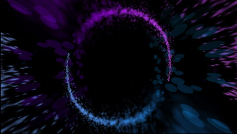 Animation-Von-Bunten-Lichtspuren-Und-Punkten,-Die-Kreise-Auf-Schwarzem-Hintergrund-Bilden
