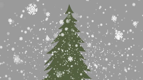 Animation-Von-Schnee,-Der-über-Einen-Weihnachtsbaum-Auf-Grauem-Hintergrund-Fällt