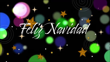 Animation-of-feliz-navidad-text-and-stars-falling-over-spot-lights-on-black-background