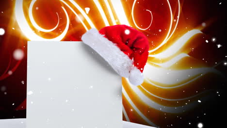 Animation-of-white-card-with-copy-space-and-snow-falling-with-santa-claus-hat