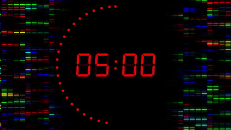 Animation-of-red-digital-timer-changing-with-dots-on-black-background