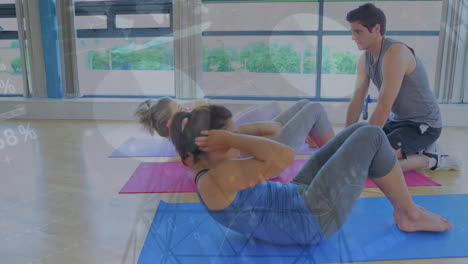 Animation-of-financial-data-processing-over-diverse-women-exercising-with-male-trainer-on-gym