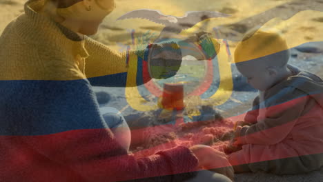Animation-of-ecuadorian-flag-over-caucasian-mother-and-child-playing-on-sunny-beach