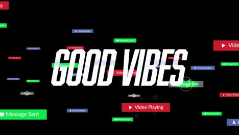 Animation-of-good-vibes-text-and-social-media-data-processing-on-black-background