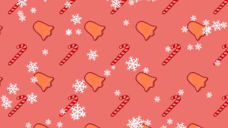 Animation-Von-Schnee,-Der-über-Weihnachtsglocken-Und-Zuckerstangenmuster-Auf-Rotem-Hintergrund-Fällt