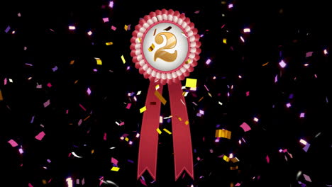 Animation-of-red-and-white-rosette-with-number-2-and-falling-confetti-on-black-background