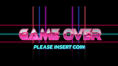 Animation-of-game-over-please-insert-coin-text-over-colourful-lines-on-black-background