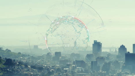 Animation-Von-Zahlen-Und-Linien-Rund-Um-Den-Globus-über-Einer-Nebelbedeckten-Modernen-Stadt-Aus-Der-Luft-Vor-Dem-Himmel