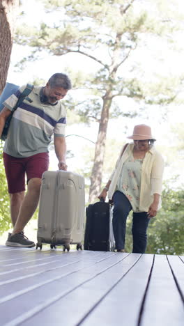 Happy-diverse-senior-couple-walking-with-luggage-to-house,-vertical