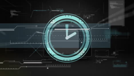 Animation-of-clock-ticking-over-data-processing-on-black-background