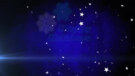 Animation-of-happy-holidays-text-and-snow-falling-over-trees-on-blue-background