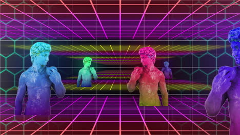 Animation-of-multicolored-glitched-male-statues-with-grid-pattern-against-abstract-background