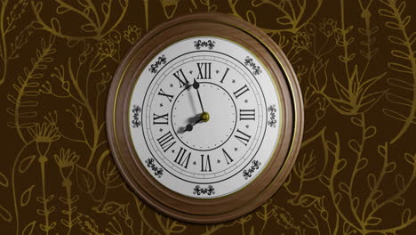 Animation-of-retro-clock-ticking-showing-midnight-with-gold-patter-on-brown-background