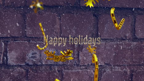 Animation-of-happy-holiday-text-over-snowfall,-golden-snowflakes-and-candy-canes-against-wall