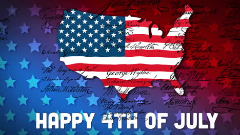 Animation-of-happy-4th-of-july-text-with-american-flag-stars,-map-and-declaration-on-red-and-blue