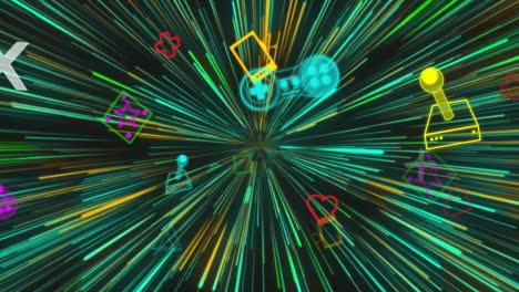 Animation-Von-Videospielsymbolen-Und-Neonlichtspurenmuster-Auf-Schwarzem-Hintergrund