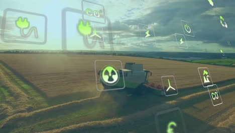 Animation-of-eco-icons-and-data-processing-over-countryside-farm-land