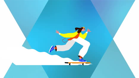 Animation-of-man-on-skateboard-over-white-and-blue-background