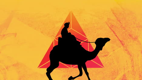 Animation-of-black-silhouette-of-man-on-camel-over-orange-triangle-on-yellow-background