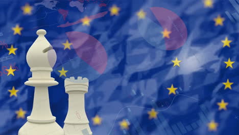 Animation-of-financial-data-processing-and-flag-of-european-union-with-chess-pawns