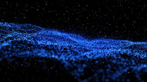 Animation-Eines-Wellenförmigen-Leuchtenden-Blauen-Netzwerks-Und-Weißer-Partikel-Auf-Schwarzem-Hintergrund