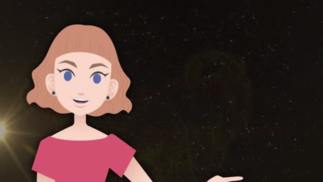 Animation-Eines-Illustrativen-Mädchens,-Das-Spricht-Und-Mit-Dem-Finger-Auf-Einen-Schwarzen-Hintergrund-Zeigt