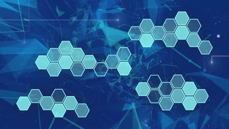 Animation-of-hexagons-over-network-of-connections-on-blue-background