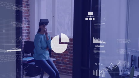 Animation-of-data-processing-over-caucasian-businesswoman-using-vr-headset