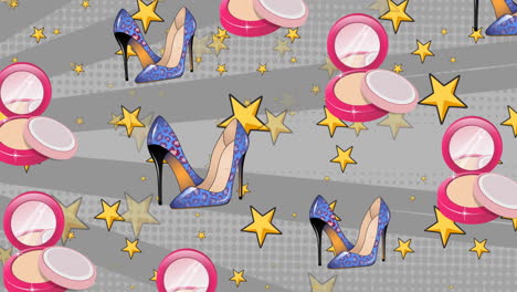 Animation-of-blue-high-heels-and-powder-over-stars-and-lines-on-grey-background