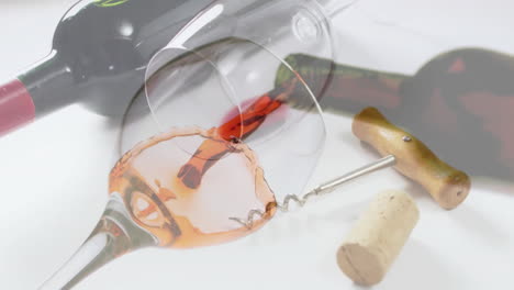 Composite-of-red-wine-being-poured-into-glass-over-corkscrew-and-bottle-of-wine-on-white-background