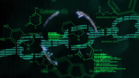 Animation-of-globe-and-chain-over-data-processing-and-chemical-formula-on-black-background