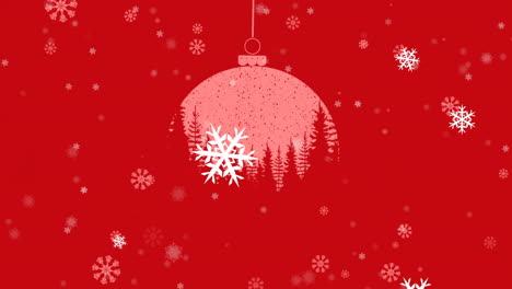 Animation-of-snow-falling-over-christmas-bauble-on-red-background