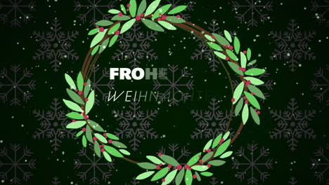 Animation-of-frohe-wihnachten-text-and-snow-falling-over-green-pattern-background
