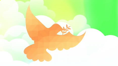 Animation-Von-Blättern-Im-Schnabel-Eines-Fliegenden-Vogels-über-Dichten-Wolken-Vor-Grünem-Hintergrund
