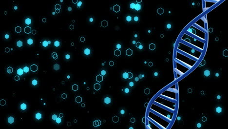 Animation-of-dna-strand-spinning-with-spots-of-light-over-black-background