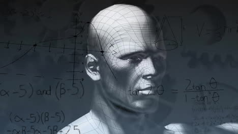 Animation-Der-Mathematischen-Datenverarbeitung-über-Der-Menschlichen-Büste-Auf-Grauem-Hintergrund