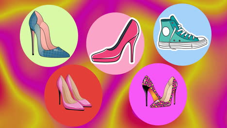 Animation-of-high-heels-and-sneakers-on-colourful-background
