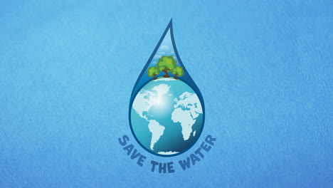 Animation-of-save-water-text-and-globe-in-water-droplet-on-blue-background