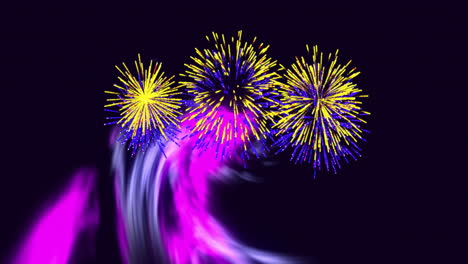 Animation-of-multicolored-fireworks-display-and-dynamic-waves-over-black-background