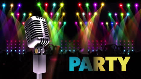 Animation-of-party-text-and-retro-microphone-at-party-with-lights-on-black-background