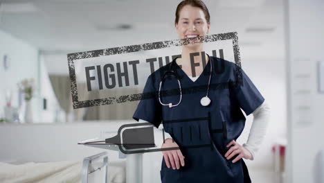 Animation-of-fight-the-flu-and-syringe-over-caucasian-female-doctor-in-hospital