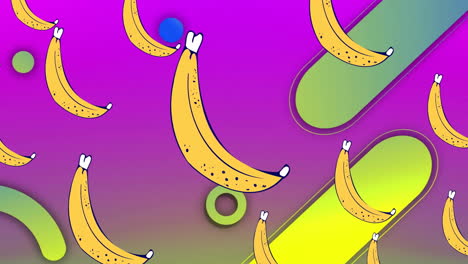 Animation-Von-Bananensymbolen-über-Grünen-Formen-Auf-Violettem-Hintergrund
