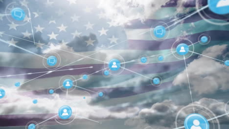 Animation-of-network-of-people-icons-over-flag-of-america-and-cloudy-sky